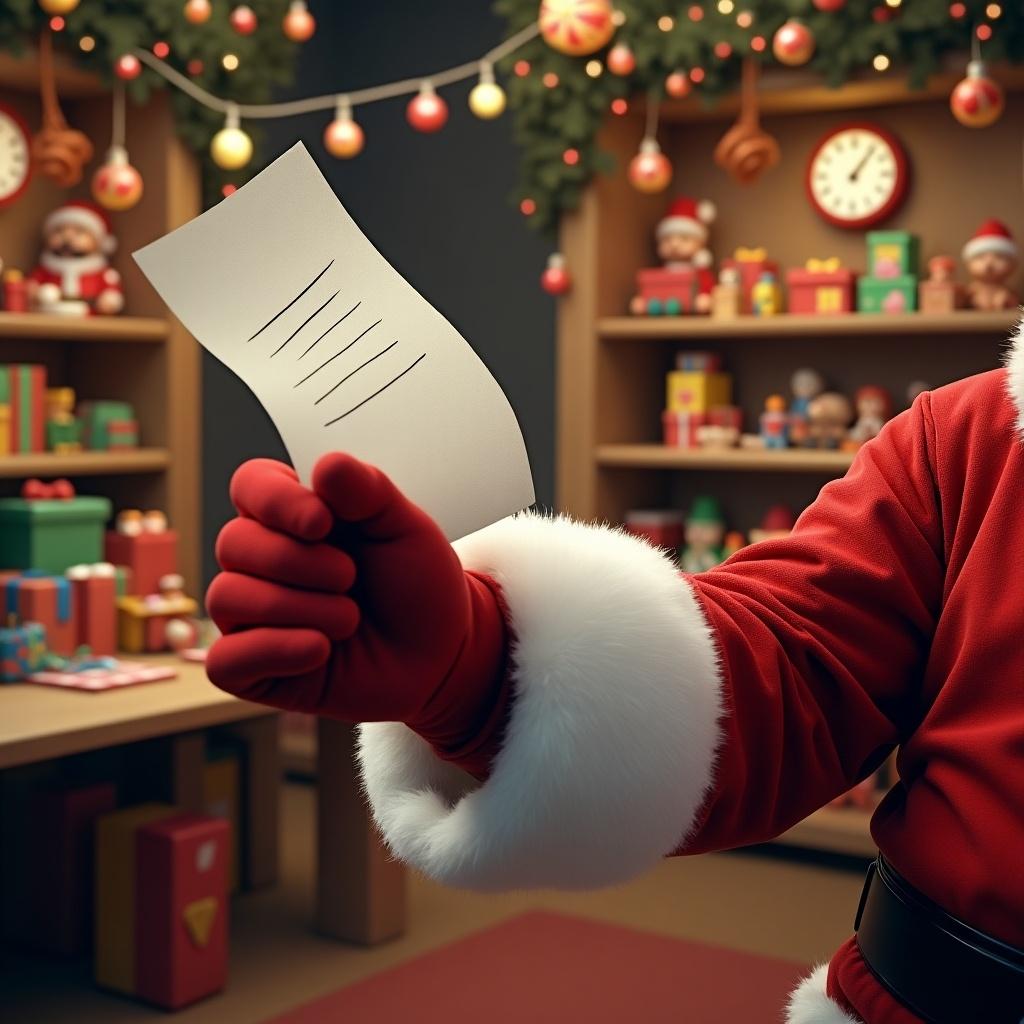 Photo realistic Santa's arm holding a list with a toy workshop in the background. Cozy festive decorations are visible around.