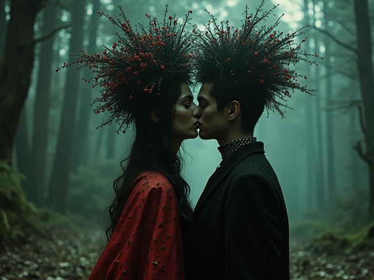 Surreal dark fairytale couple in mystical forest setting. Male and female figures face each other. Both wear extravagant hairstyles adorned with branches and red berries. The atmosphere is foggy with a dreamlike quality.