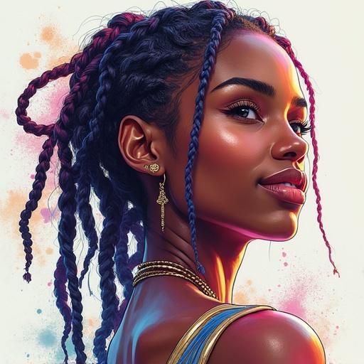 Surreal vibrant digital portrait of a beautiful black female with intricately braided short dreadlocks. She looks amazed and is smiling. Delicate and striking features. Glimmering edgy style with glitched pencil sketch effect. Combines modern aesthetics with Nordic elements.