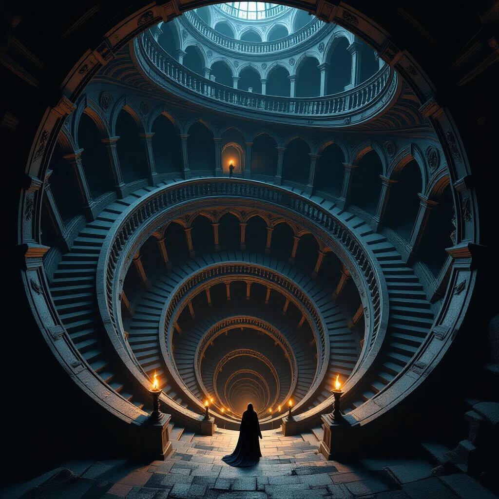 Digital artwork depicts an impossible spiral staircase twisting down into darkness. The staircase features warped perspectives and disorienting geometry. Stone structure curves in endless helix. Gothic arches and ornate railings distort as they descend. A lone figure in robes is silhouetted against the void. Perspective creates a vertigo effect. Dramatic lighting casts shadows between levels. Colors shift from warm stone gold to deep midnight blue. Hyperrealistic and cinematic style.