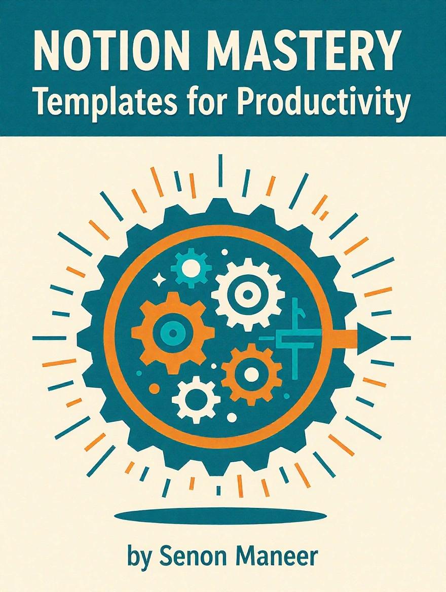 E-book cover features title 'Notion Mastery: Templates for Productivity'. Visual metaphor illustrates gears turning smoothly in a complex system. Energetic color accents contrast with a muted background. Design conveys productivity and mastery. Graphic design style is clean and modern.