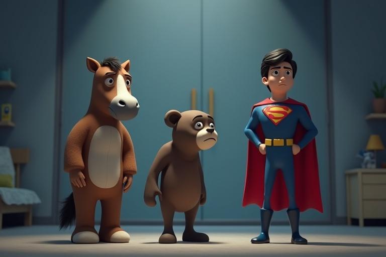 A somber scene in 4K ultra-HD. Teddy and a horse stand quietly on two legs. Both wear human-like outfits. Their expressions are sad. Sparky has a red cape and blue suit. Background is a bedroom with muted daylight colors. The mood is heavy with grays and blues.