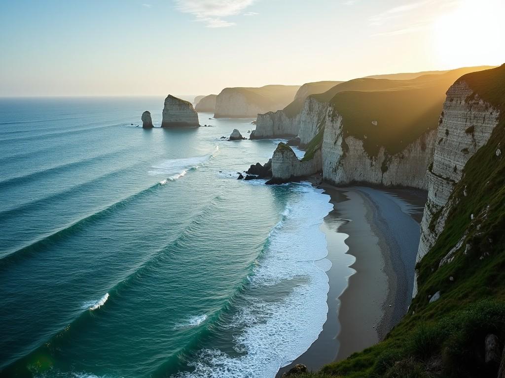 This image showcases a wide-angle view of Denmark's coastline, highlighting the stunning natural beauty of the area. The clear blue waters and gentle waves lap against the unique rock formations and green cliffs. Soft morning light bathes the scene in a warm, golden hue, adding to the tranquil atmosphere. It's a serene and pristine environment that emphasizes harmony with nature. This idyllic landscape serves as a visual reminder of the importance of sustainability and environmental stewardship.