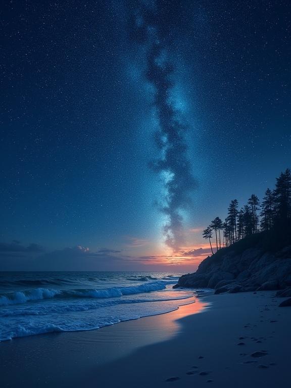 Creative image depicting a serene beach at night with the Milky Way in the sky and gentle ocean waves. This scene symbolizes hope and fresh starts.