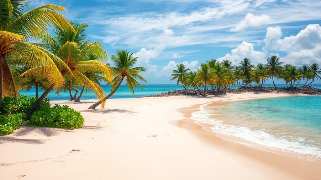 A serene tropical beach with golden sands curves gently along turquoise waters, fringed by lush palm trees swaying in the breeze. The sky is a vibrant shade of blue with scattered fluffy clouds, enhancing the idyllic, peaceful atmosphere. This picturesque scene embodies the quintessential elements of a tropical getaway, offering a sense of escape and tranquility.