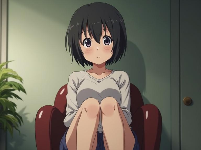 Anime screencap features a girl with short black hair sitting on a chair. She has her legs crossed and looks down with a curious expression. The focus is on her torso from a lower perspective.