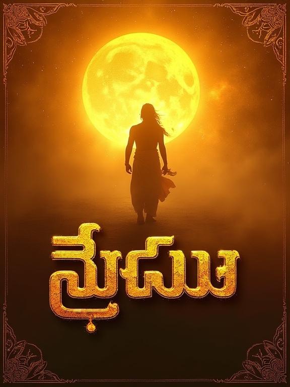 A title card in Indian mythology style with glowing golden Telugu text. Title reads 'కర్ణుని ప్రవేశం – అర్జునుడిని సవాల్ చేసిన సూర్యపుత్రుడు'. Sun rays burst in the background with an ancient battlefield feel. Soft mandolin music visual aura. Traditional border designs. Warm yellow-orange colors dominate the scene.