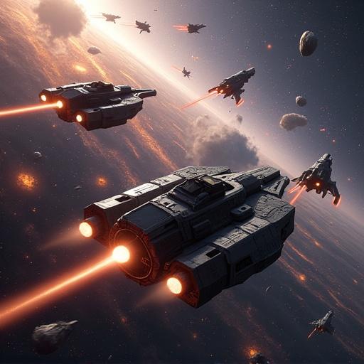 Large scale space battle between two fleets of futuristic spaceships with lasers and missiles being fired. Explosions occur in the background. Deep space setting with a distant galaxy and debris floating nearby.