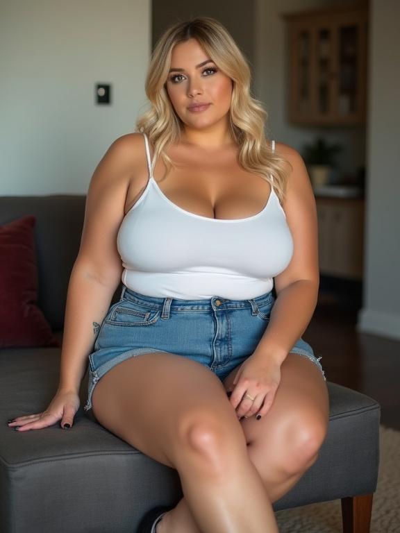 Chubby woman sitting on a sofa wearing denim shorts and a white top. She has blonde hair and presents a confident demeanor while looking at the viewer.