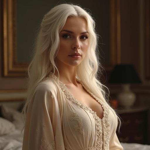 Portrait of an elegant woman in her 30s to 40s. Long white hair styled beautifully. Glamorous figure with a serene expression. Warm tones in a softly blurred background. Classy bedroom setting at night. Quiet intimacy conveyed through subtle gestures and lingering glances.