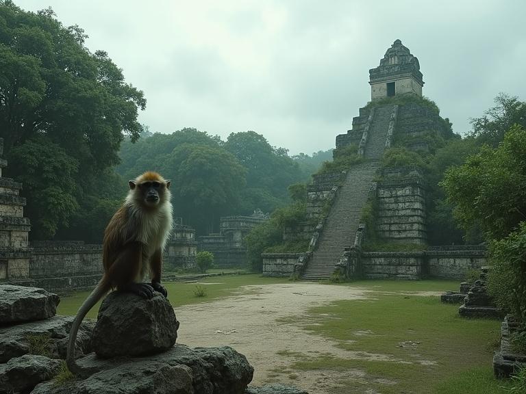 Wide shot of a Mayan city in decay. Jungle vines cover temples. Empty plazas and broken stelae on the ground. A lonely howler monkey on a stone altar. Gray overcast sky. Mood of abandonment. Nature reclaiming human space. Photorealistic muted tones. Sense of silence and mystery.