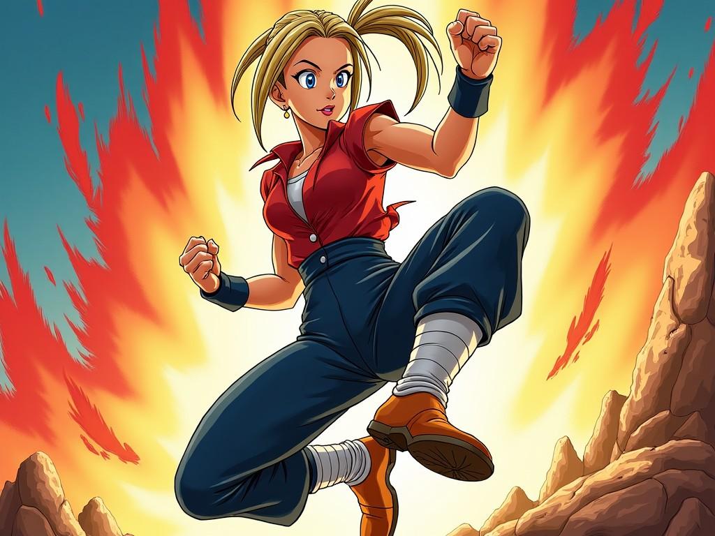 The image depicts a dynamic anime character in an action pose. She is wearing a red top and blue pants, showcasing a determined expression. The background features an explosion, evoking a sense of energy and excitement. Her hair is styled in pigtails, adding to her youthful appearance. The overall style is vibrant and cartoonish, typical of anime art. The character seems prepared for a fight, embodying strength and determination.