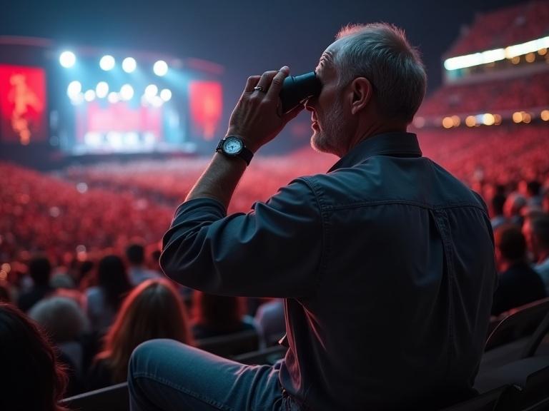 An older man with gray hair and a scruffy beard sits in a crowded stadium. He holds binoculars to his eyes and raises two fingers of one hand. Excited concertgoers surround him. The scene features a Metallica stage lit with red and blue lights and pyrotechnics. It is nighttime with a gritty cinematic feel.