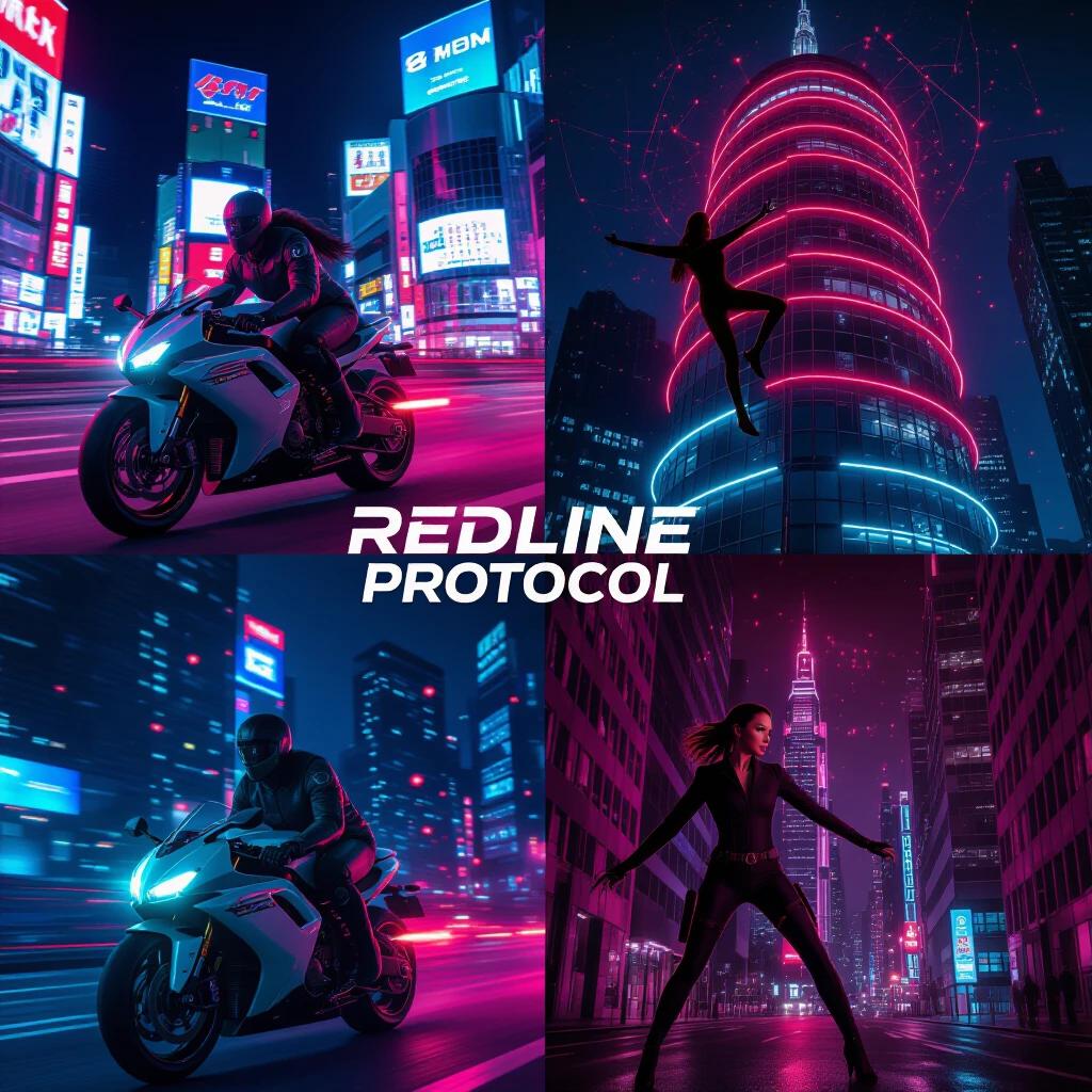 Split-screen effect featuring action-packed scenes. Jordan rides a high-speed bike in Tokyo. Gadot scales a neon tower in Berlin. Background includes global map with red blinking nodes. Vibrant city lighting. Energetic and intense tone.