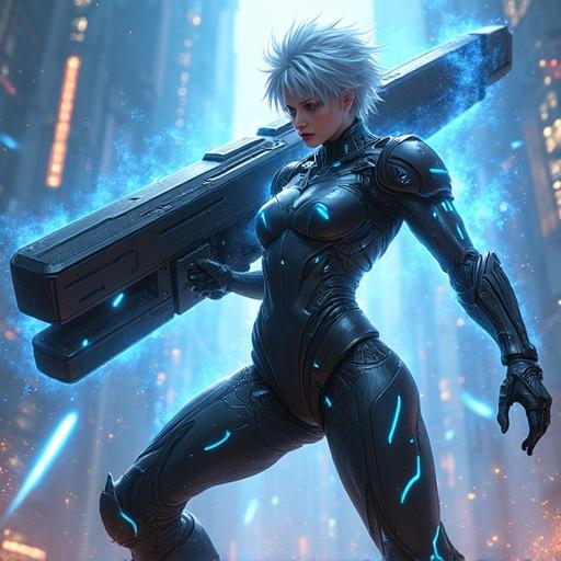 High quality sci-fi illustration of a formidable female warrior in a high-tech setting. She has short spiky silver-blue hair. Her outfit is a sleek and form-fitting suit made of black and metallic materials. Glowing blue accents indicate advanced technology. She wields an enormous futuristic weapon. The weapon has a dark exterior with bright blue energy channels. The background features a swirling maelstrom of blue and white energy with sparks and light flares. A dynamic and intense atmosphere emphasizes high-stakes action.