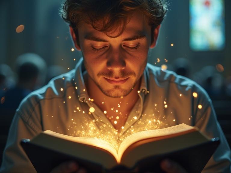 Close-up of a young man holding an open Bible with glowing golden verses. Dramatic light shines from above. The background shows a blurred church interior. The scene has a soft blue and gold color theme. Big bold white text says MEMORIZE THESE.
