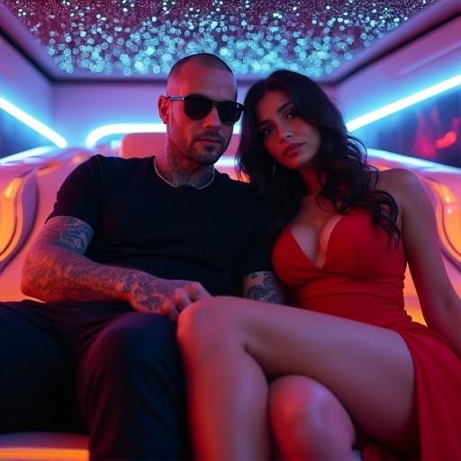 A confident tattooed man with a shaved head in a futuristic luxury car. He wears a tight black t-shirt and sunglasses. A glamorous woman in a curve-hugging red dress sits next to him, leaning in slightly. The car interior features glowing neon lights and a starlight ceiling. Both convey power and chemistry with a cinematic feel.