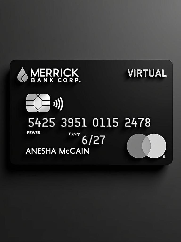 Black realistic virtual Mastercard design showcases Merrick Bank Corp. Card features silver letters and displays name Anesha McClain. Card number is 5425 3951 0115 2478 with an expiration date of 06/27.