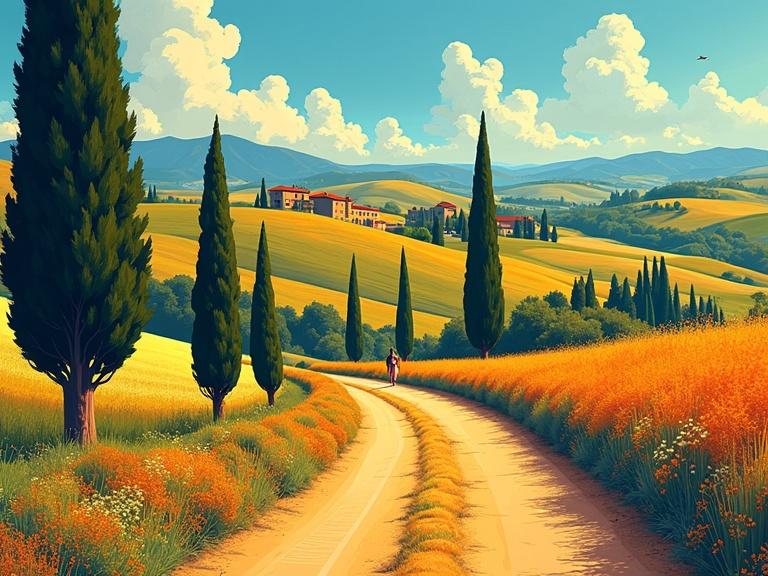 Colorful travel poster. Close-up figures along the road. Beautiful landscape of Tuscany. Strade Bianchi with Italian cypresses. Summer scene with trees and figures. Captured in anime style with vibrant colors.