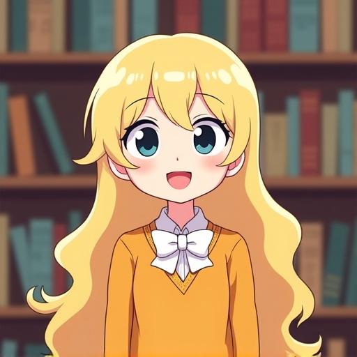 Anime girl has long wavy blonde hair. She has a quirky ahoge and wide googly eyes. A friendly smile on her face. Wearing a mustard yellow sweater and a white bow tie. Standing in a library with soft indoor lighting. Simple cartoon style with flat shading and clean lines.