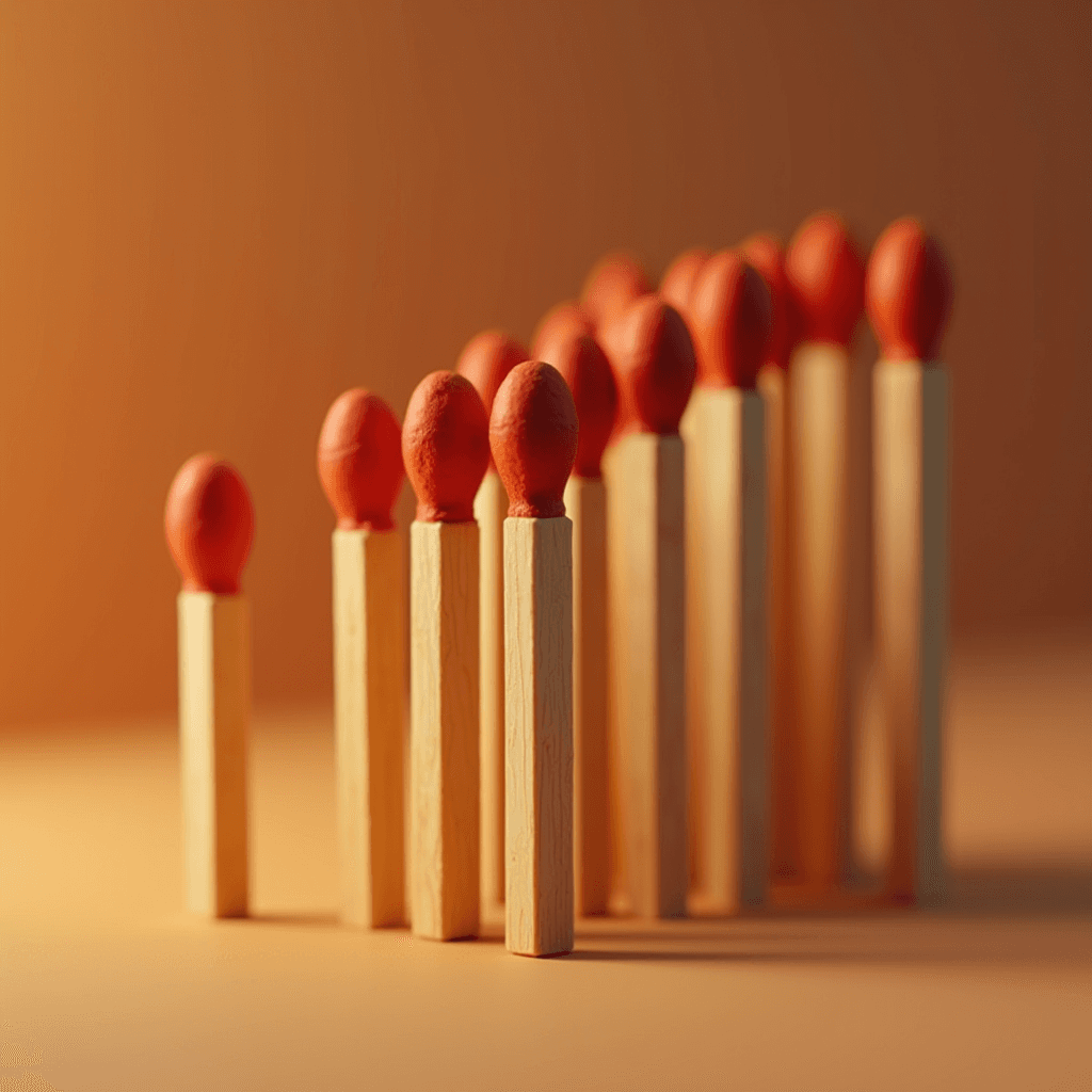 A close-up of several wooden matches standing upright, with their vibrant red tips prominently displayed against a warm, blurred background.