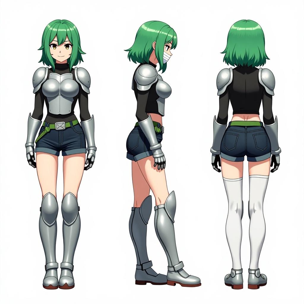 An anime mercenary tomboy with green hair. Curtain bangs and a face mask are present. Silver shoulder pads and chest plate are worn. A black shirt is beneath the armor. Black short jeans with a green belt are worn. Large silver buckle is on the front of the belt. Metal gauntlets and leg armor are worn. White tights cover the legs. The character is presented in three views: front, side, and back.