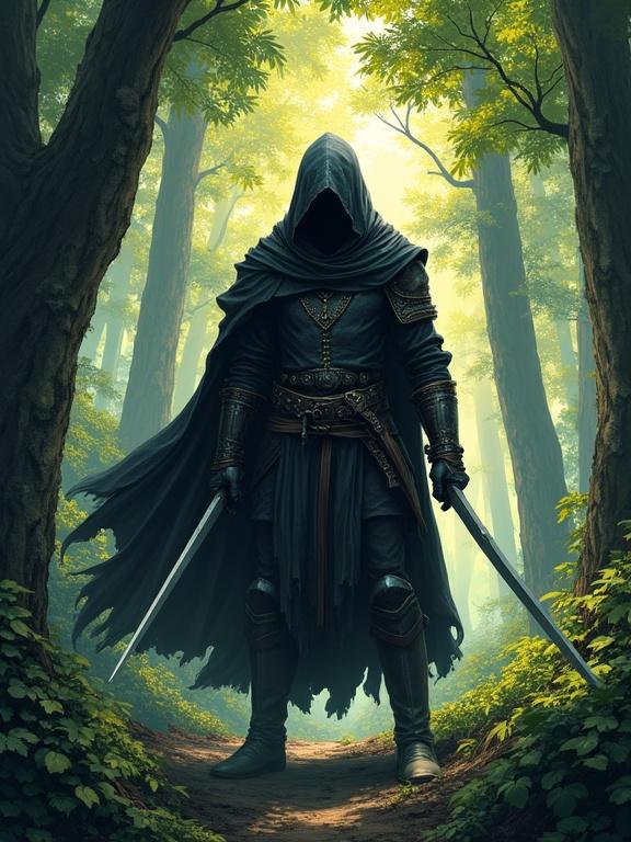 Character illustration of a powerful and mysterious medieval assassin in a forest. The forest casts shadows from the leaves in a sunny scenario. Full size depiction with detailed features and attire.