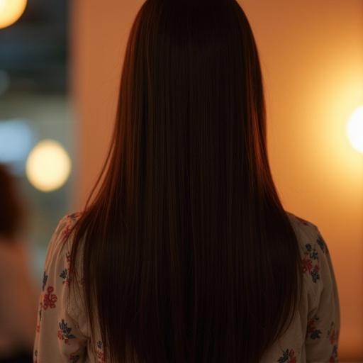 Image shows back of a head with beautiful long straight Japanese hair under ambient lighting.