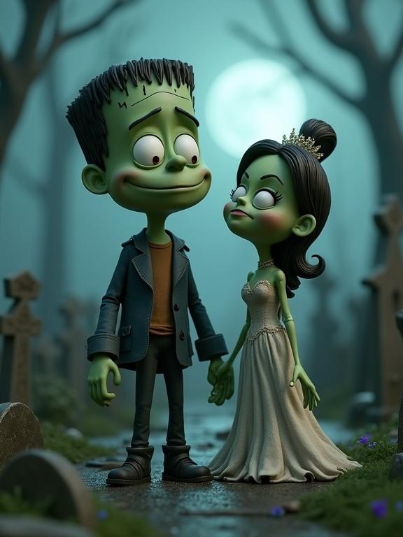 3D joyful Frankenstein monster with oversized eyes stands with the Bride of Frankenstein in a misty graveyard.