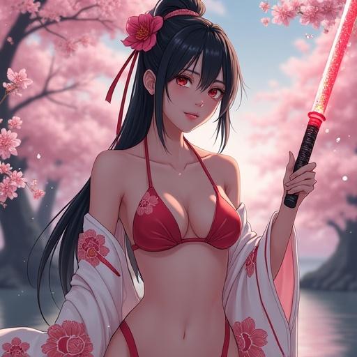 Depicted in an exorcist-style swimsuit. Shrine maiden-inspired bikini with white and crimson colors. Light haori decorated with red ribbons and cherry blossoms. Long black ponytail with a red camellia flower. Holding a spirit sword glowing faintly like cherry blossoms. Pale delicate skin and reserved expression conveying inner strength. Background shows mystical spirit realm under Japanese twilight with cherry blossoms dancing.