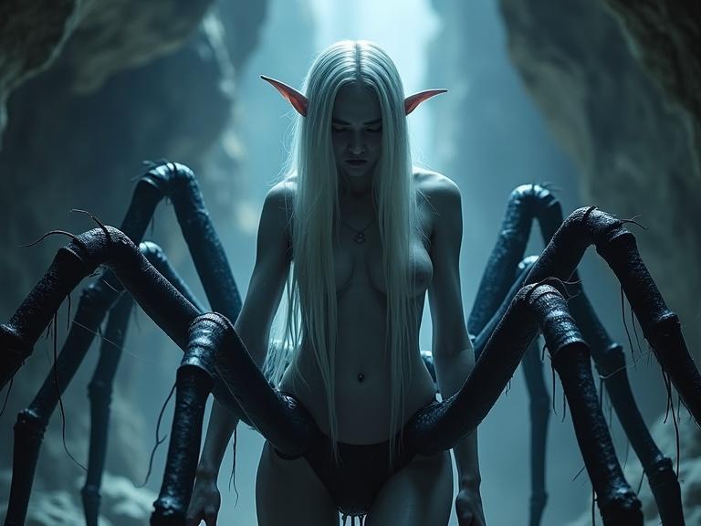 Pale blue-gray dark elf torso with long white hair combines with a giant deep blue-black spider body in a cave filled with stalactites and stalagmites. The scene evokes a sense of dark fantasy and horror.