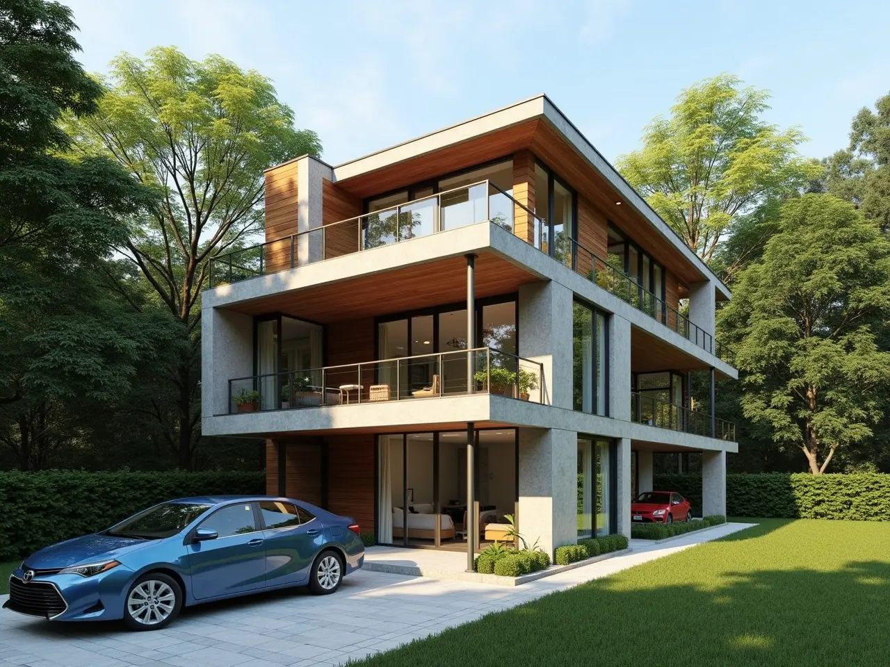 The image shows a modern house set in a lush green environment. The house features multiple levels with a combination of wood and concrete materials. Large windows and balconies provide ample natural light and an outdoor space. A neatly landscaped garden with a pathway leads to the entrance of the house. In the foreground, there is a driveway with a blue car parked. The surroundings are filled with trees, adding to the tranquil atmosphere.