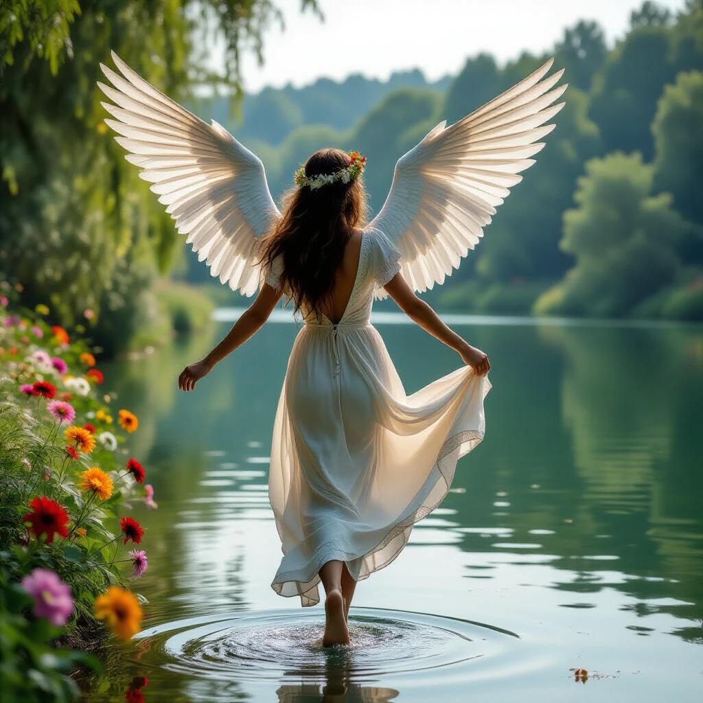 Female angel with extended wings walking on a serene lake. Dressed in ancient Roman-style attire. Surrounded by colorful flowers and willows. Capturing a moment of tranquility and beauty.
