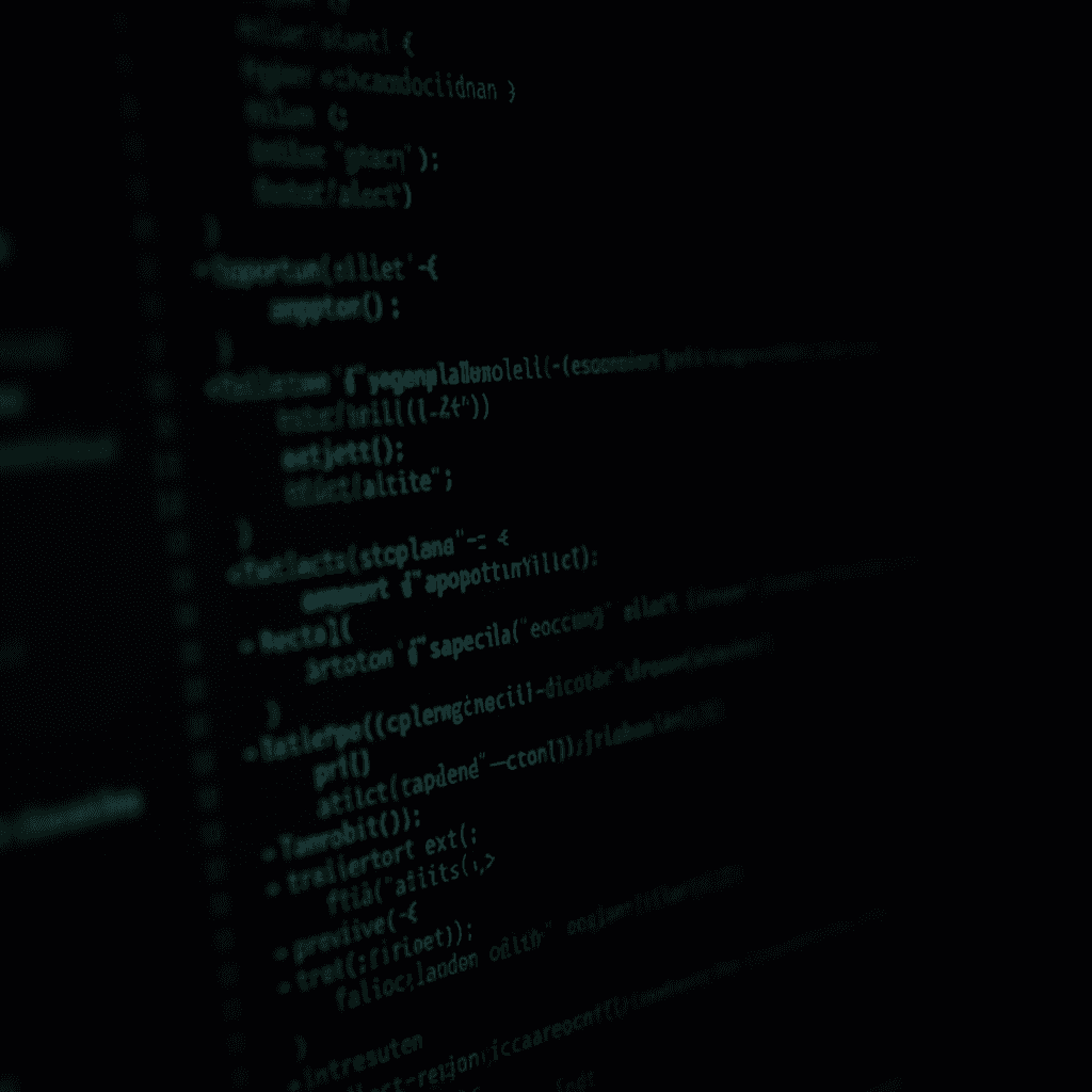 Close-up view of a dark-themed screen displaying lines of code in various colors.