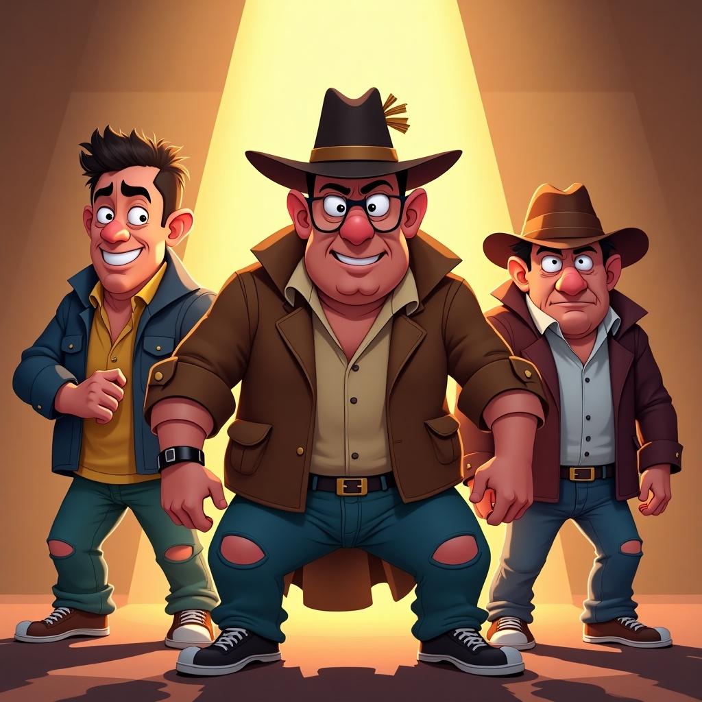 Three animated characters styled as thugs ready for action. Characters are designed for a meme coin promotion called Hatz. Bright spotlight reveals their mischievous expressions. Characters exhibit a fun, cartoonish appearance, ready to engage viewers.