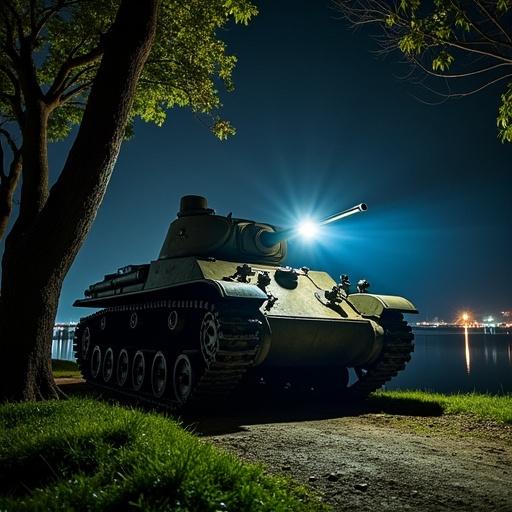 Phone photo of a tank in a park at night. Tank top illuminated by flashlight. Surrounded by trees and grass.