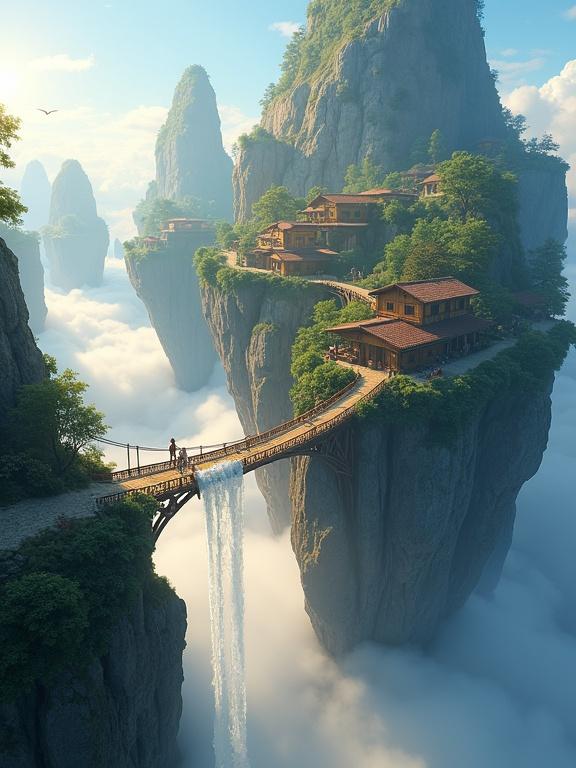 A majestic aerial view of massive floating mountains high above the clouds surrounded by mist glowing in warm sunlight. Each mountain has peaceful villages with wooden cottages stone paths vibrant gardens. People walk between homes tend crops gather at markets on cliffs. Waterfalls flow gently off mountain edges into clouds. The sky is clear blue with sunlight casting shadows. Wooden rope bridges connect floating mountains. Birds soar between them creating a surreal serene scene.