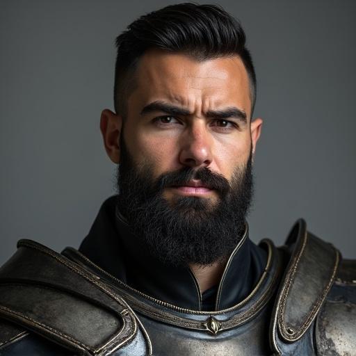 Character with short black hair and a closely trimmed beard wearing metallic armor without a helmet. Skin tone is tanned.