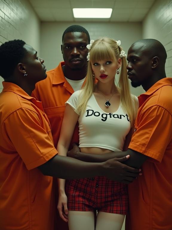 Music video scene in a prison cell featuring a woman surrounded by men. Woman wears a cropped t-shirt with a provocative message, a short plaid skirt, and high stockings. Men wear orange jumpsuits. The atmosphere appears tense and dramatic. Interaction between subjects highlights themes of intimidation and control.