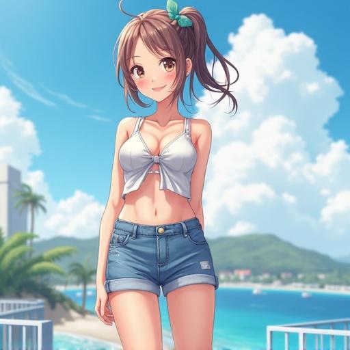 Anime girl wearing a crop top and shorts stands outdoors with a beach view.