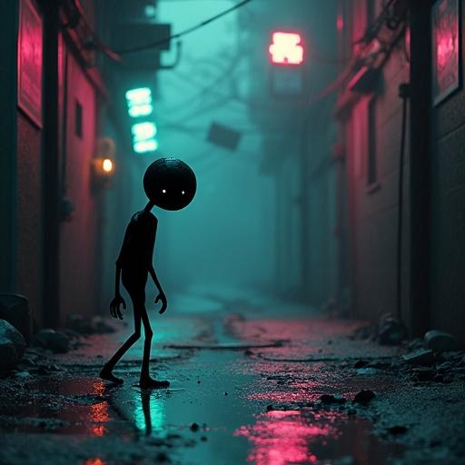 Character is small stick figure with glowing eyes walking in dystopian alleyway. Scene includes neon signs and rain-soaked asphalt reflecting lights. Background has torn election posters and broken CRT TVs.