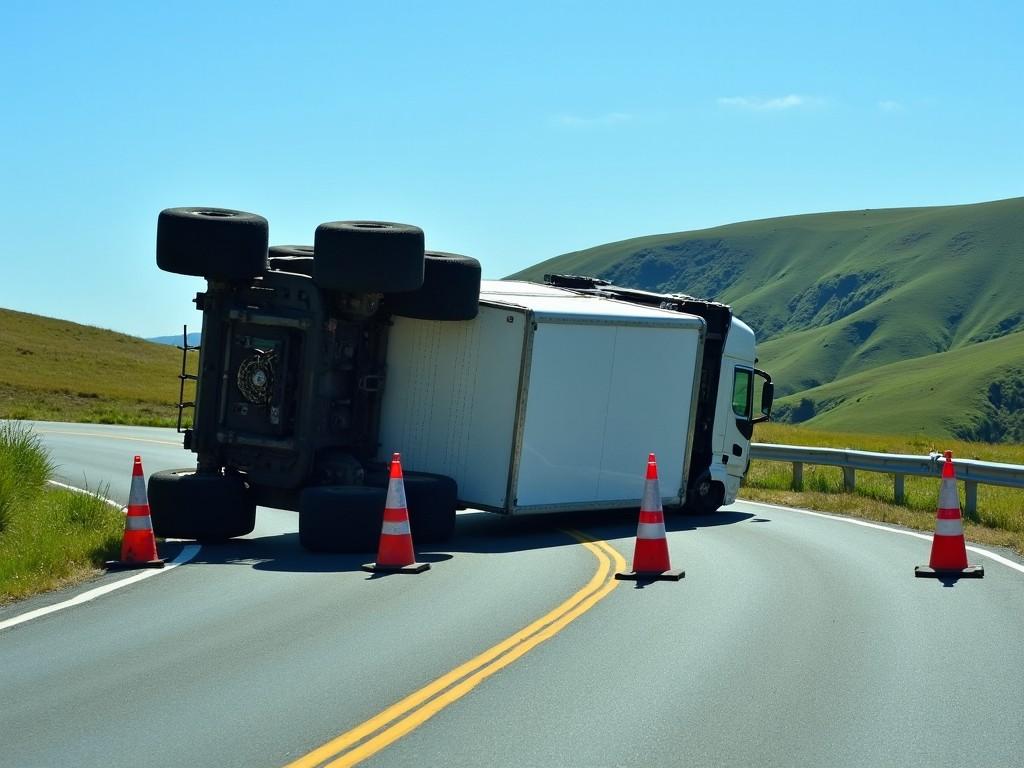 The image shows an overturned truck on a curved road. The truck is on its side, with its wheels facing upward. Traffic cones are placed around the area, indicating caution and warning drivers of the accident ahead. The background features a clear blue sky and green hills, suggesting a rural or semi-urban setting. There are markings on the road showing where the truck has skidded, and it appears to be a serious incident requiring attention.