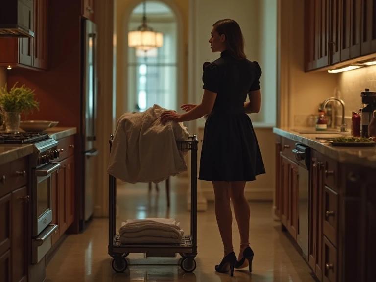 The scene captures a confident maid pushing a sleek cleaning cart in a luxurious Manhattan penthouse kitchen. The kitchen is lavish with gleaming countertops. A white shirt on the cart has a subtle bloodstain. The atmosphere conveys mystery and quiet tension as dusk settles in.