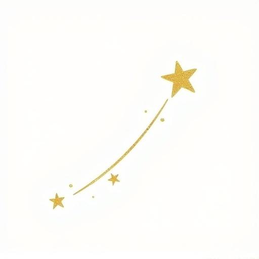 Minimalist digital drawing of a shooting star. The star is golden-yellow with five points. A curved line indicates its trajectory. Three small golden stars are nearby. The background is white, emphasizing simplicity and focus.