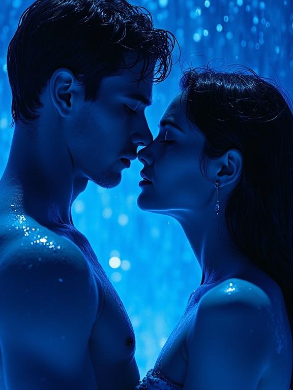 Wet naked couple closely facing each other. Ethereal glow of blue light surrounds them. Surreal impressionist style emphasizing intimacy and connection. Vivid textures with deep shadows enhancing details.