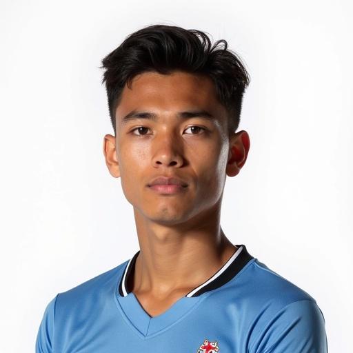 Professional headshot of a 17-year-old Mestizo male soccer player against a white background. He gazes directly at the camera with a serious expression, wearing a sports jersey.