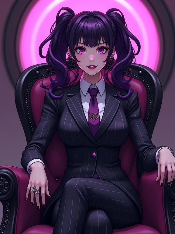 Anime character in a neo-futuristic setting. Woman in a pinstriped manager suit. Sitting on an amethyst purple throne. Elegant oversized purple pigtails. Holding black hole energy. Surrounded by galactic themes. Vibrant purple and black color scheme.