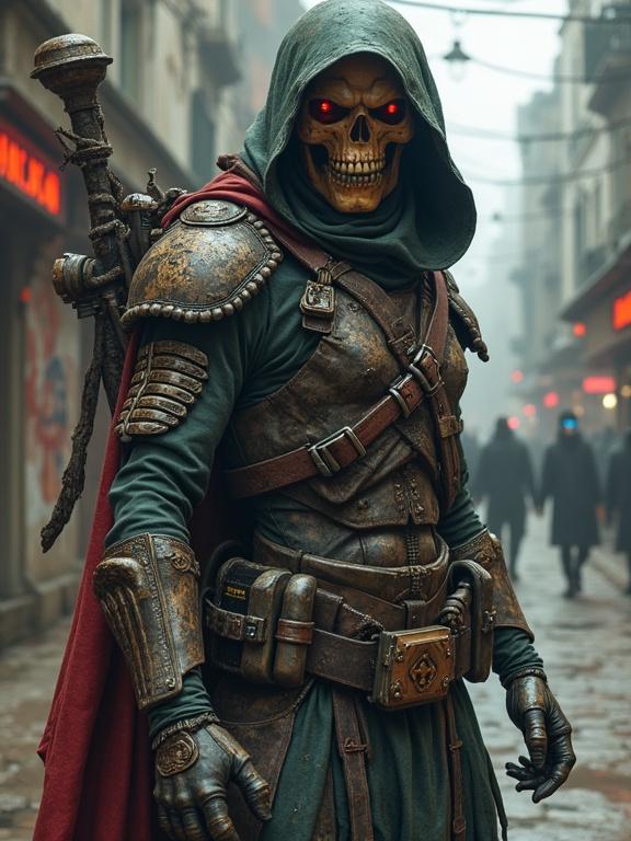 Skeleton wearing a hooded cloak in an urban setting. Red glowing eyes. Detailed outfit with armor and weapons. Misty atmosphere.