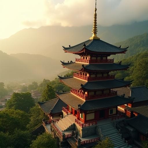 Aerial view of a stunning red and gold pagoda surrounded by lush green mountains and misty morning air. Golden sunlight filters through the clouds. The camera captures the intricate details of the pagoda's architecture and surrounding scenery.
