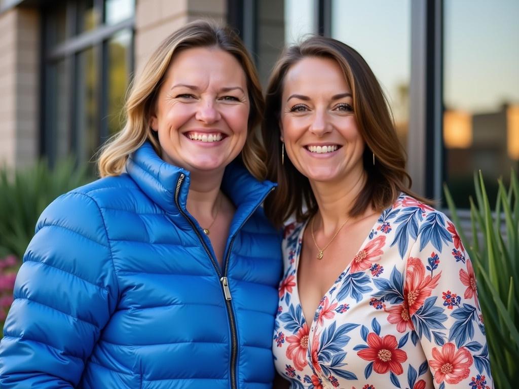 The image shows two people posing together outdoors. One person is wearing a blue puffy jacket and the other is wearing a colorful floral top. The setting appears to be outside a building with large windows. There are some plants visible in the background. The lighting suggests that it is either early morning or late afternoon. Both individuals look happy and are facing the camera.